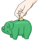 Zeichnung eines grünen Sparschweins, in das gerade eine Münze gesteckt wird.
