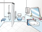 Grafik: Zeichnung eines Bades mit Dusche.