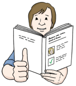 Grafik: Ein Mann liest ein Buch mit Checklisten und streckt den rechten Daumen hoch