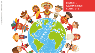 Kinder umringen eine Weltkugel und halten sich an den Händen