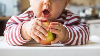 Kleinkind umklammert Apfel