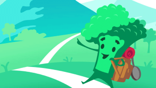 Screenshot der App "PETA Veganstart" mit Illustration eines Brokkolis auf Wanderschaft