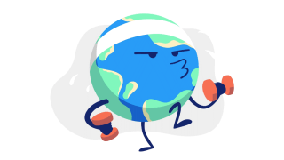 Comic-Illustration der Erde mit Gesicht, die mit Hanteln trainiert