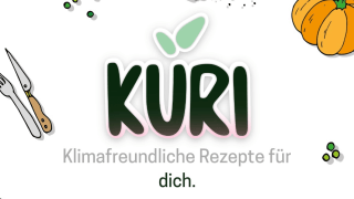 Schriftzug "KURI, Klimafreundliche Rezepte für dich." mit Illustrationen von Besteck und Lebensmitteln