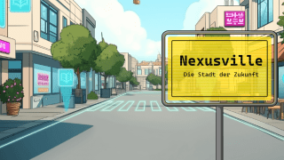 Titelbild Nexusville: Straßenschild mit der Aufschrift "Nexusville. Die Stadt der Zukunft"