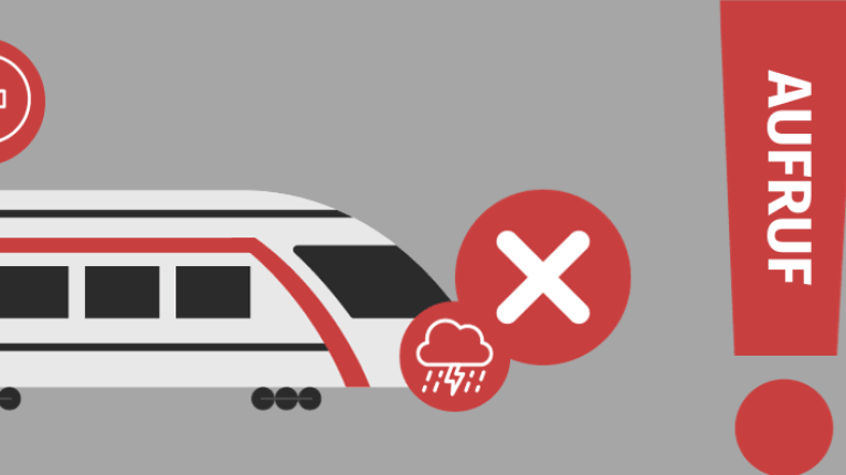 Ein rotes Ausrufezeichen mit dem Wort Aufruf neben einem Zug und Symbolen wie einem X und Sturmwolken.