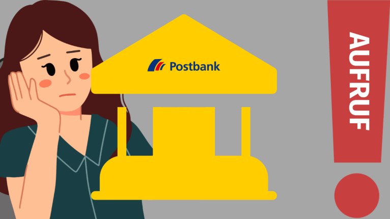 Eine Frau schaut traurig auf eine Postbank. Daneben ein Ausrufezeichen mit dem Wort Postbank.